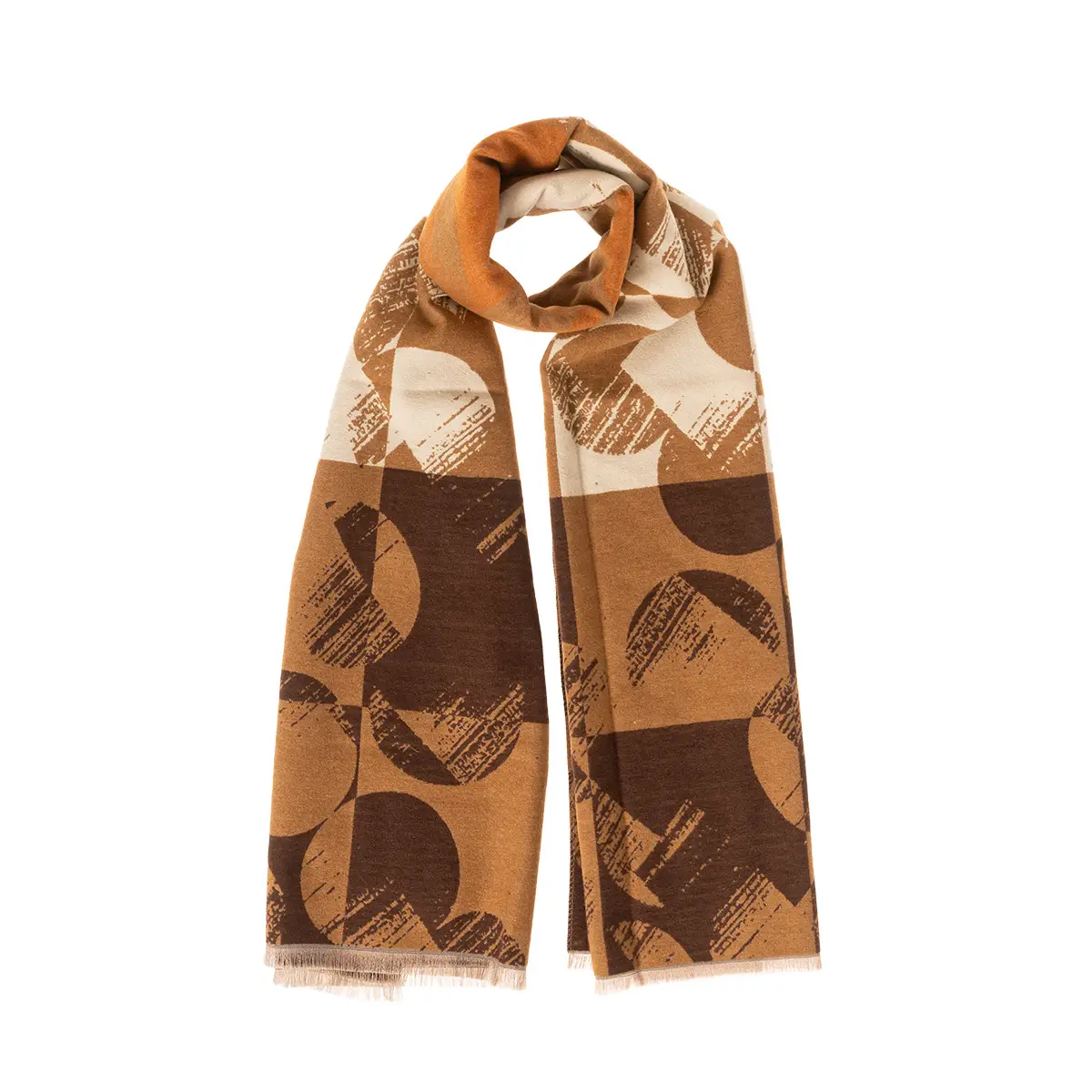 Εσάρπα κασκόλ με γεωμετρικά σχέδια Κάμελ, Λαδί idees-dimiourgies.gr
