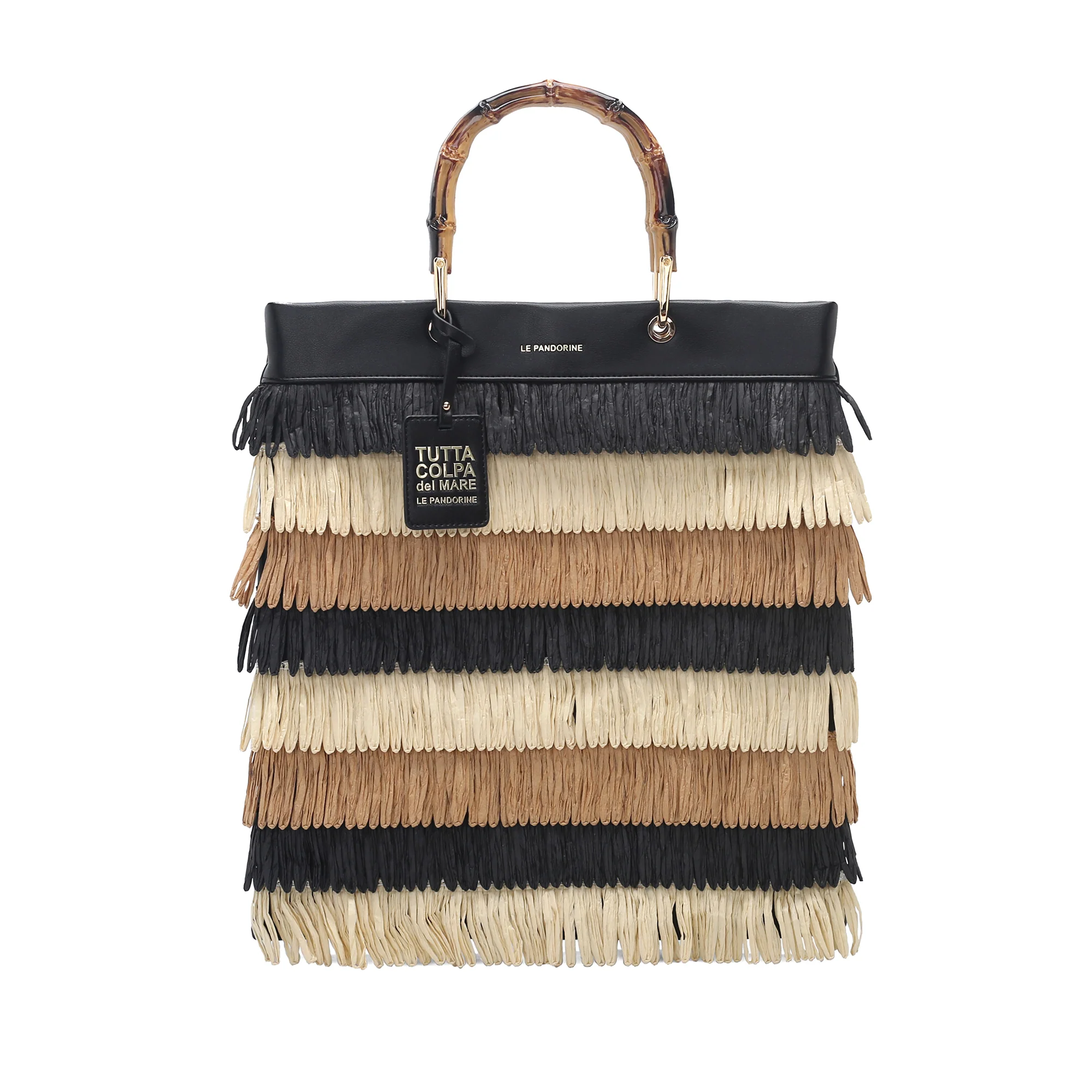 Τσάντα Marcy με κρόσσια και λαβή σε μαύρο χρώμα μπαμπού Le Pandorine ΜΑΥΡΟ idees-dimiourgies.gr