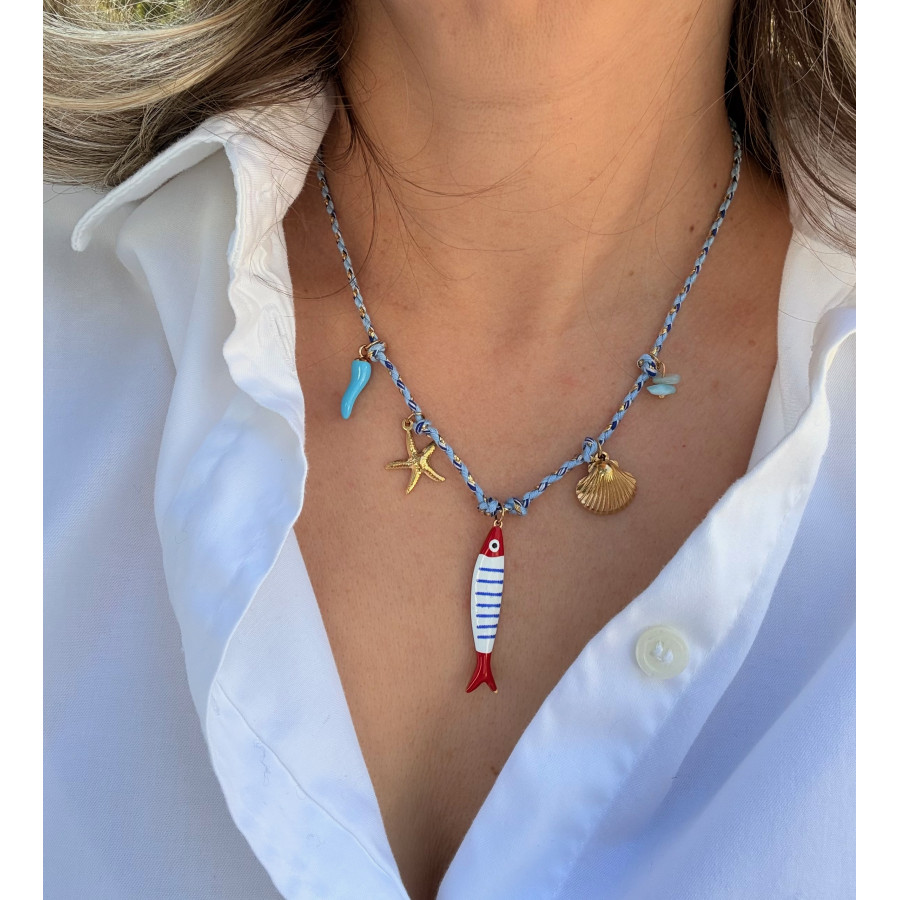 Ατσάλινο κολιέ με θαλασσινά charms (ψάρι, αστερίας, κοχύλι) Μπλε idees-dimiourgies.gr